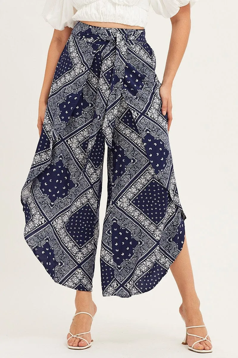 Low-rise style Boho Print High Rise Front Split Wide Leg Pants