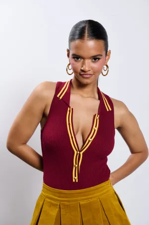 close range combat ALWAYS LUCKY RIBBED SLEEVELESS BODYSUIT IN BURGUNDY