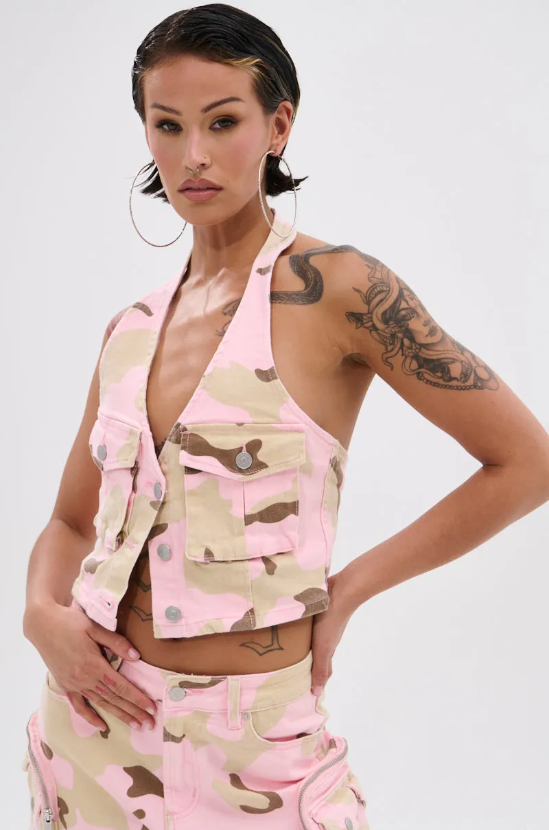 Breathable fabric GIRL POWER CAMO BUTTON DOWN HALTER TOP