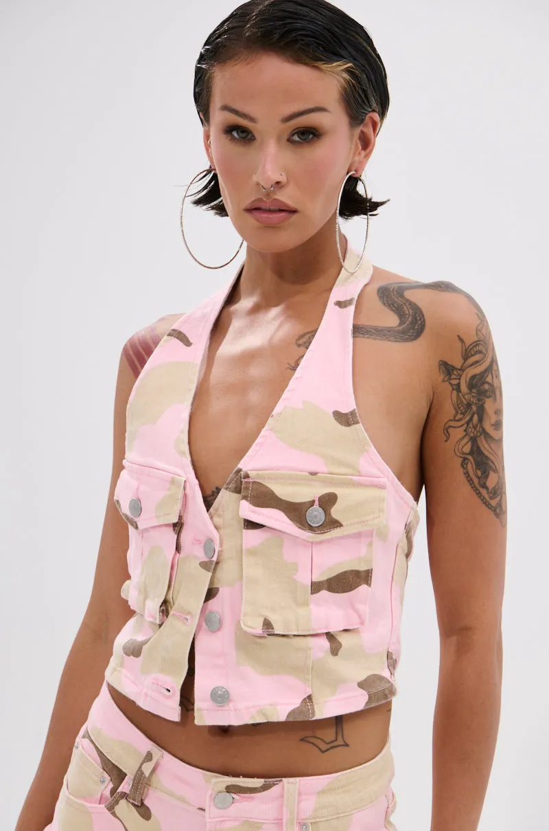GIRL POWER CAMO BUTTON DOWN HALTER TOP aluminum body Body Mapped Ventilation