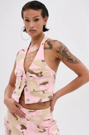 Breathable fabric GIRL POWER CAMO BUTTON DOWN HALTER TOP