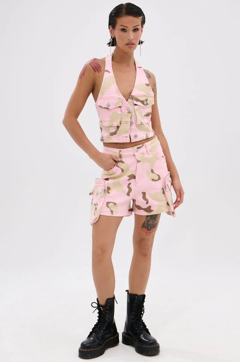 training operation GIRL POWER CAMO BUTTON DOWN HALTER TOP