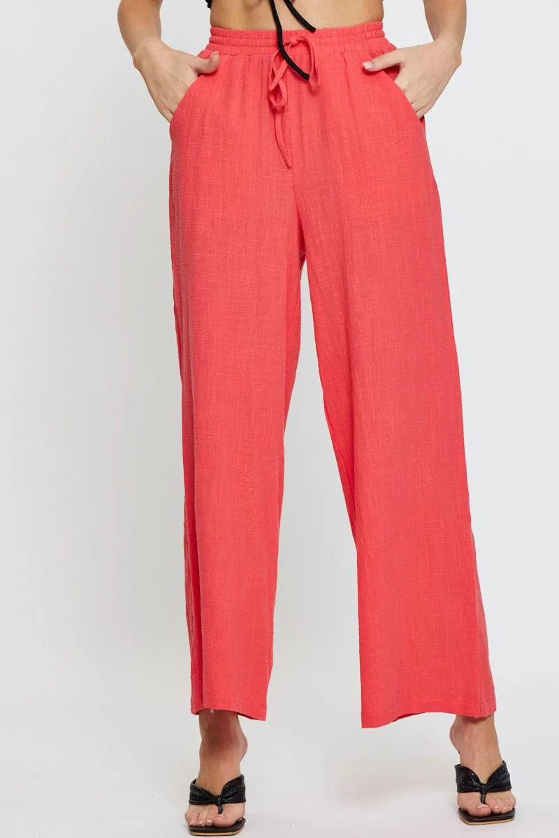 Pink Wide Leg Pants Elastic Waist Performance Comfort FlexibleMobilityDesign