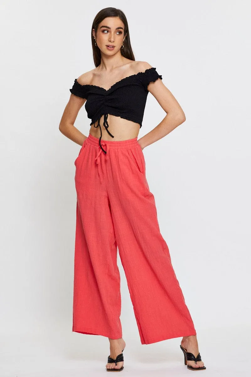 Pink Wide Leg Pants Elastic Waist Friction Resistant Fabric Timeless Style
