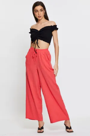 Pink Wide Leg Pants Elastic Waist Cozy Touch