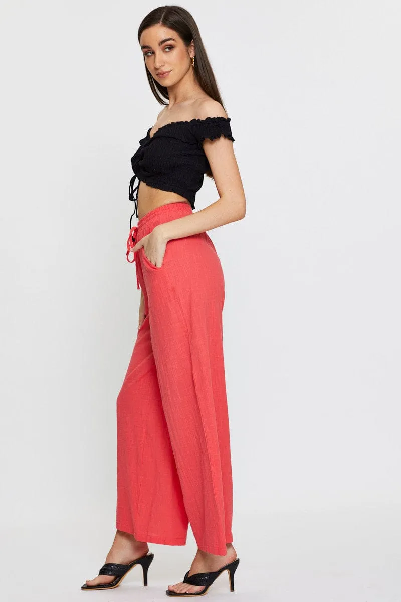 Pink Wide Leg Pants Elastic Waist HypoallergenicFabric