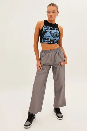 Grey Cargo Parachute Pants Frayed hem