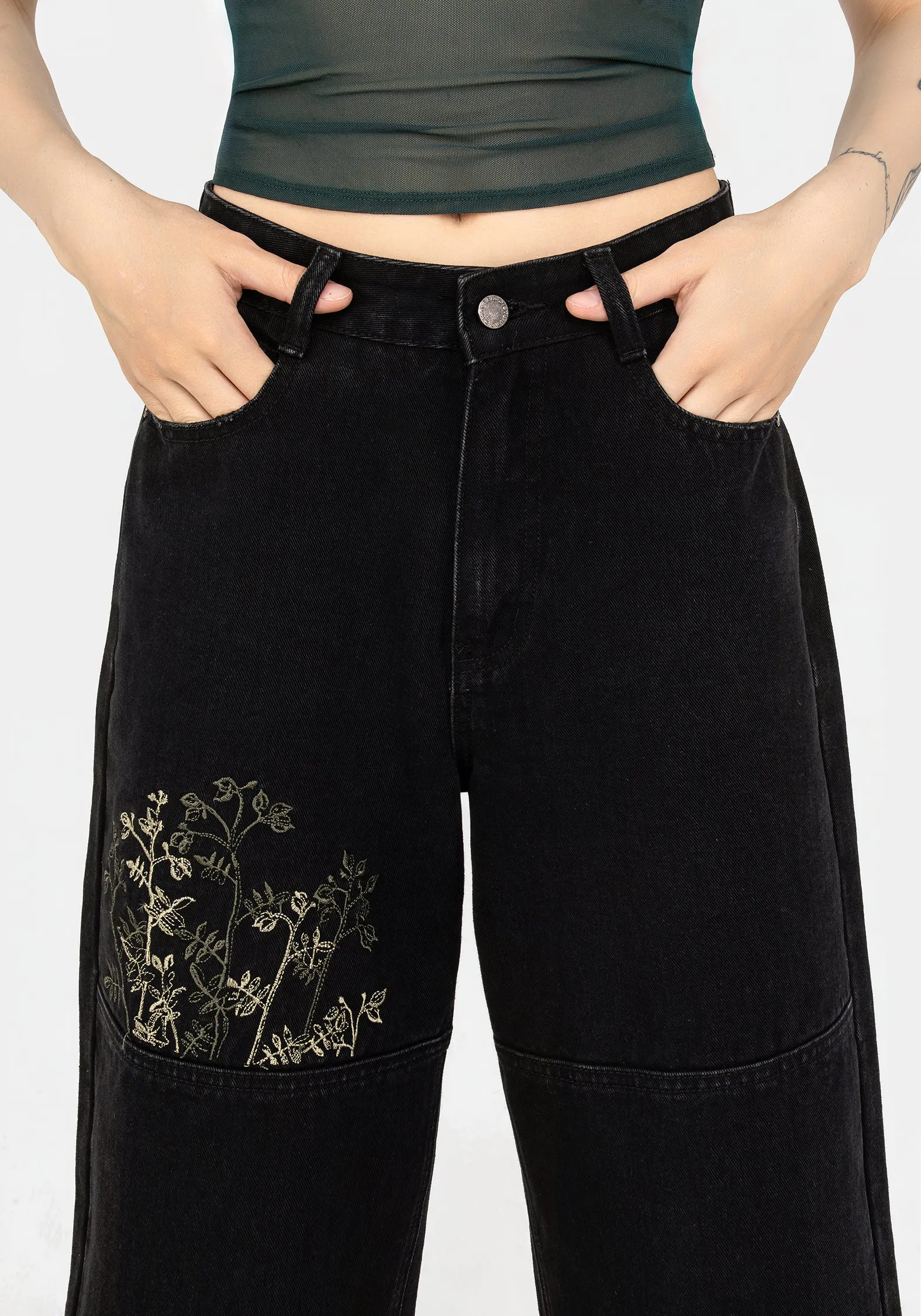 Buckthorn Embroidered Denim Barrel Leg Jeans Timeless Match