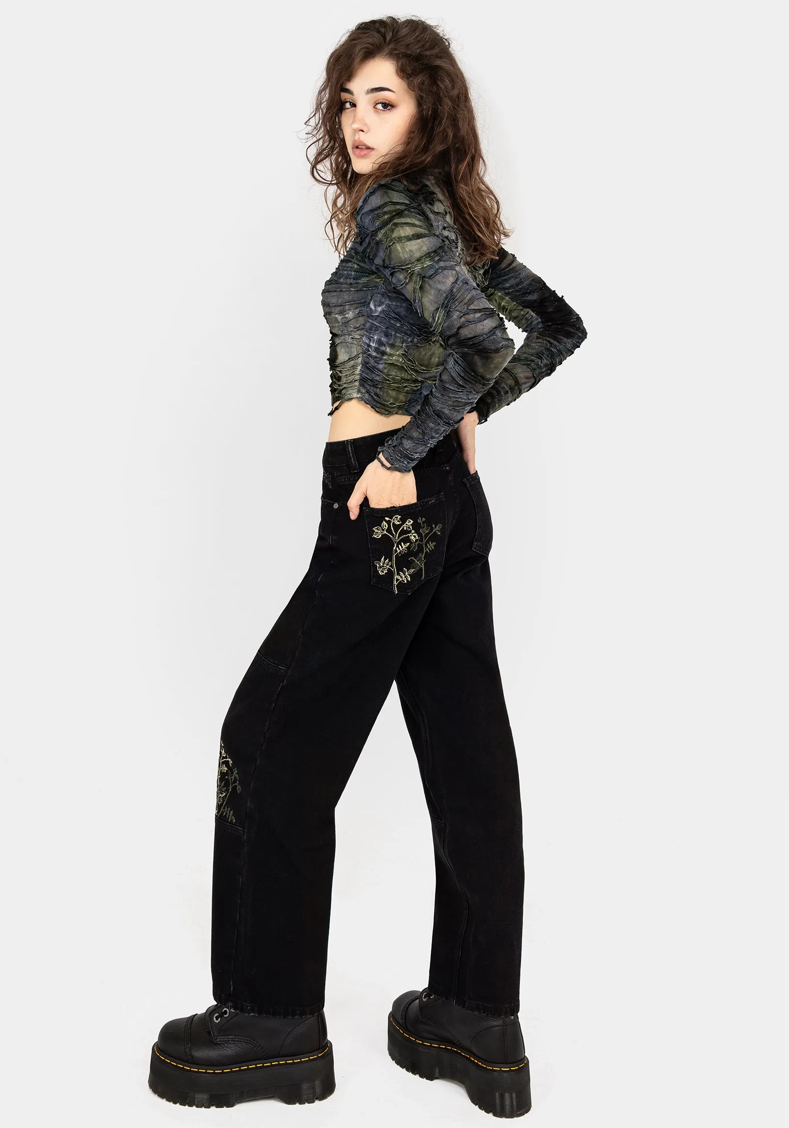 Buckthorn Embroidered Denim Barrel Leg Jeans Loose High Quality Morning Stroll Softened Seams