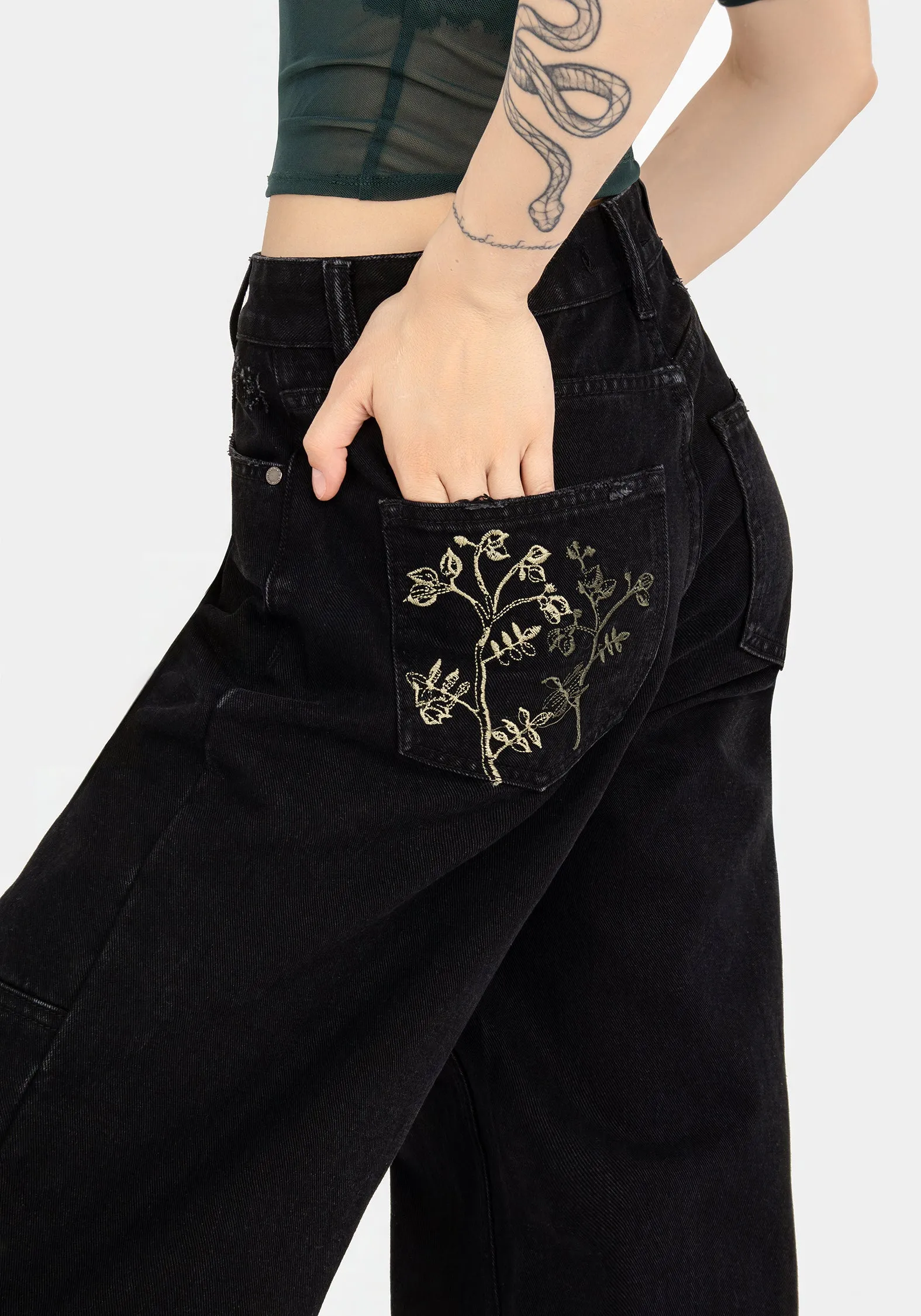 Buckthorn Embroidered Denim Barrel Leg Jeans Festival Outfit Date Night Professional Wear Balanced Wardrobe