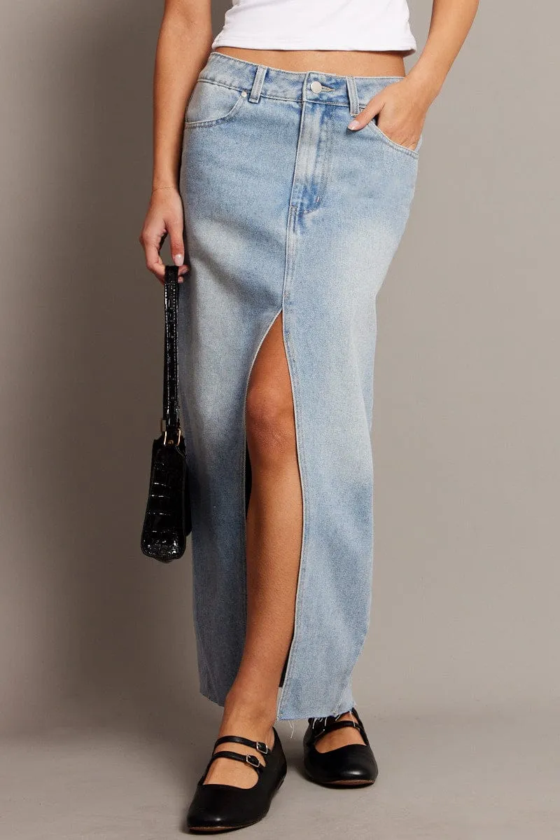Thermal Regulating Denim Maxi Skirt High Rise Front Split