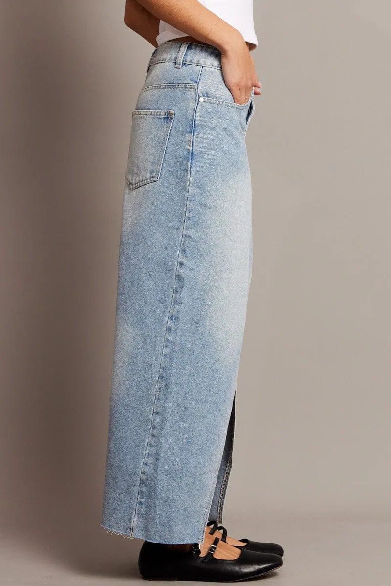 Denim Maxi Skirt High Rise Front Split Chill Vibe