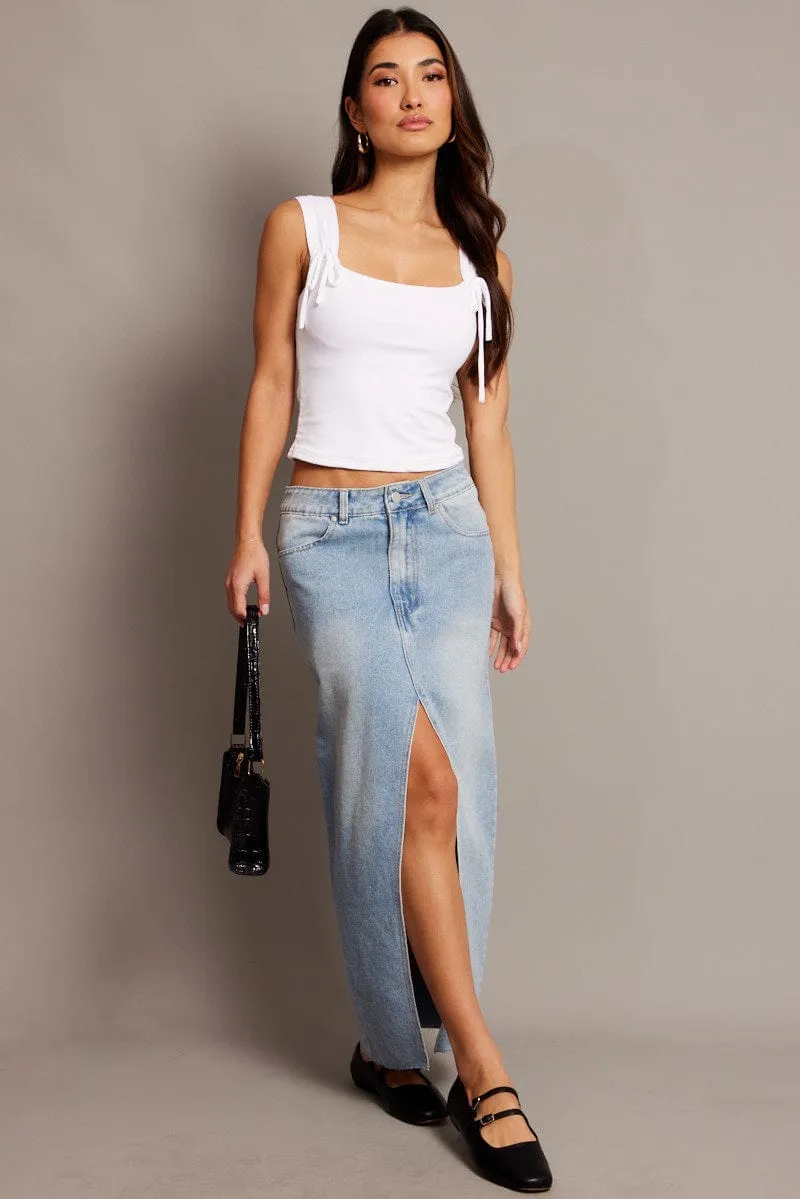 Denim Maxi Skirt High Rise Front Split Weekend Look