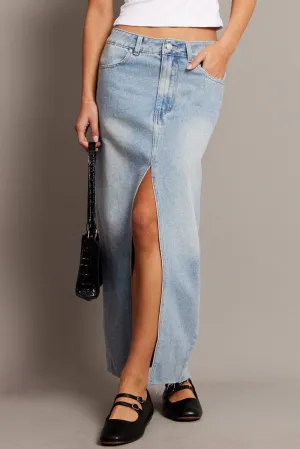 Thermal Regulating Denim Maxi Skirt High Rise Front Split