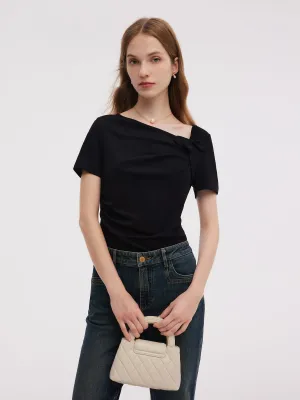Acetate Blend Asymmetric Neckline Women T-Shirt Minimalist Stitching Stylish Day Wear