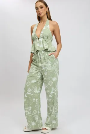 Green Abstract Wide Leg Pants High Rise Comfy Look