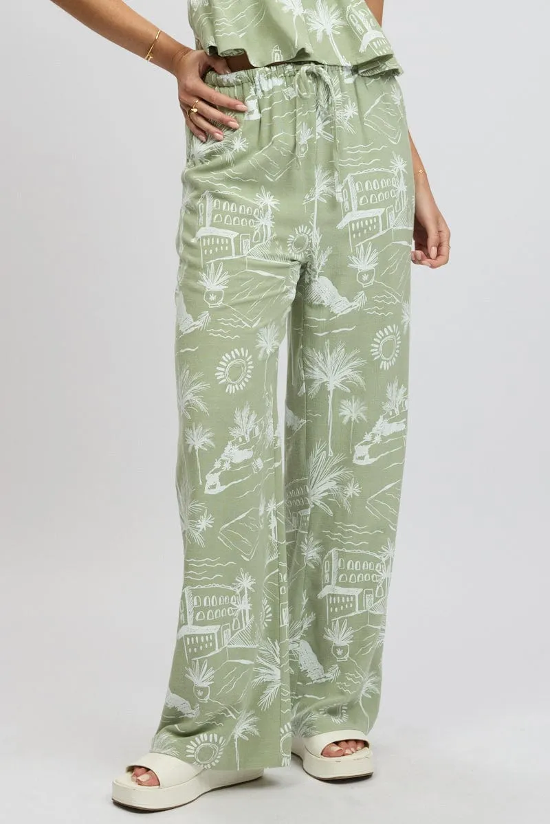 Compression Support Lining Green Abstract Wide Leg Pants High Rise
