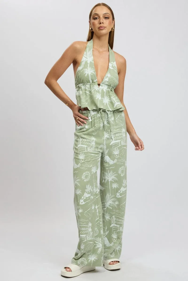 Green Abstract Wide Leg Pants High Rise Built-in shorts