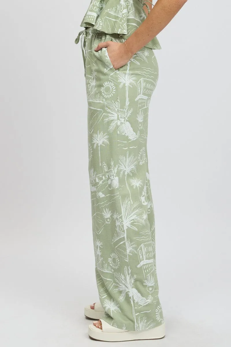 Street Inspired Green Abstract Wide Leg Pants High Rise