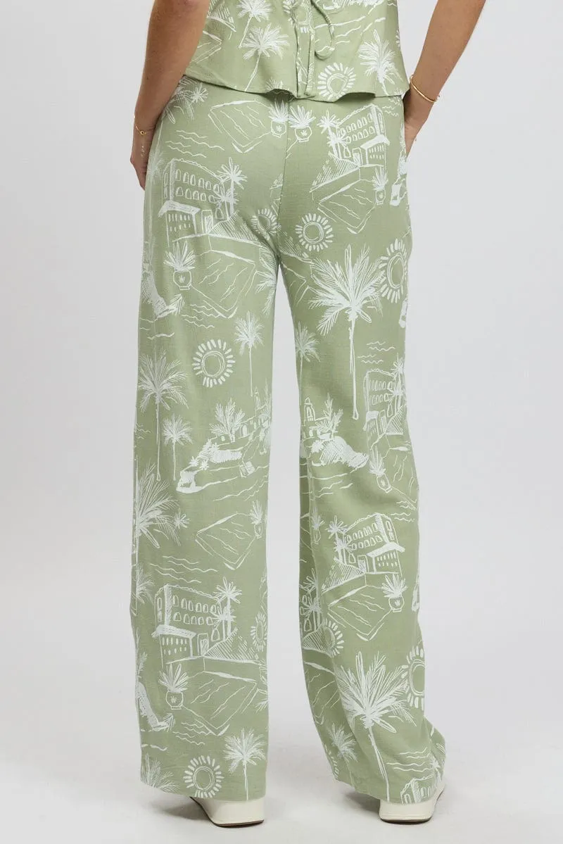 Low Bulk Material Corduroy texture Green Abstract Wide Leg Pants High Rise
