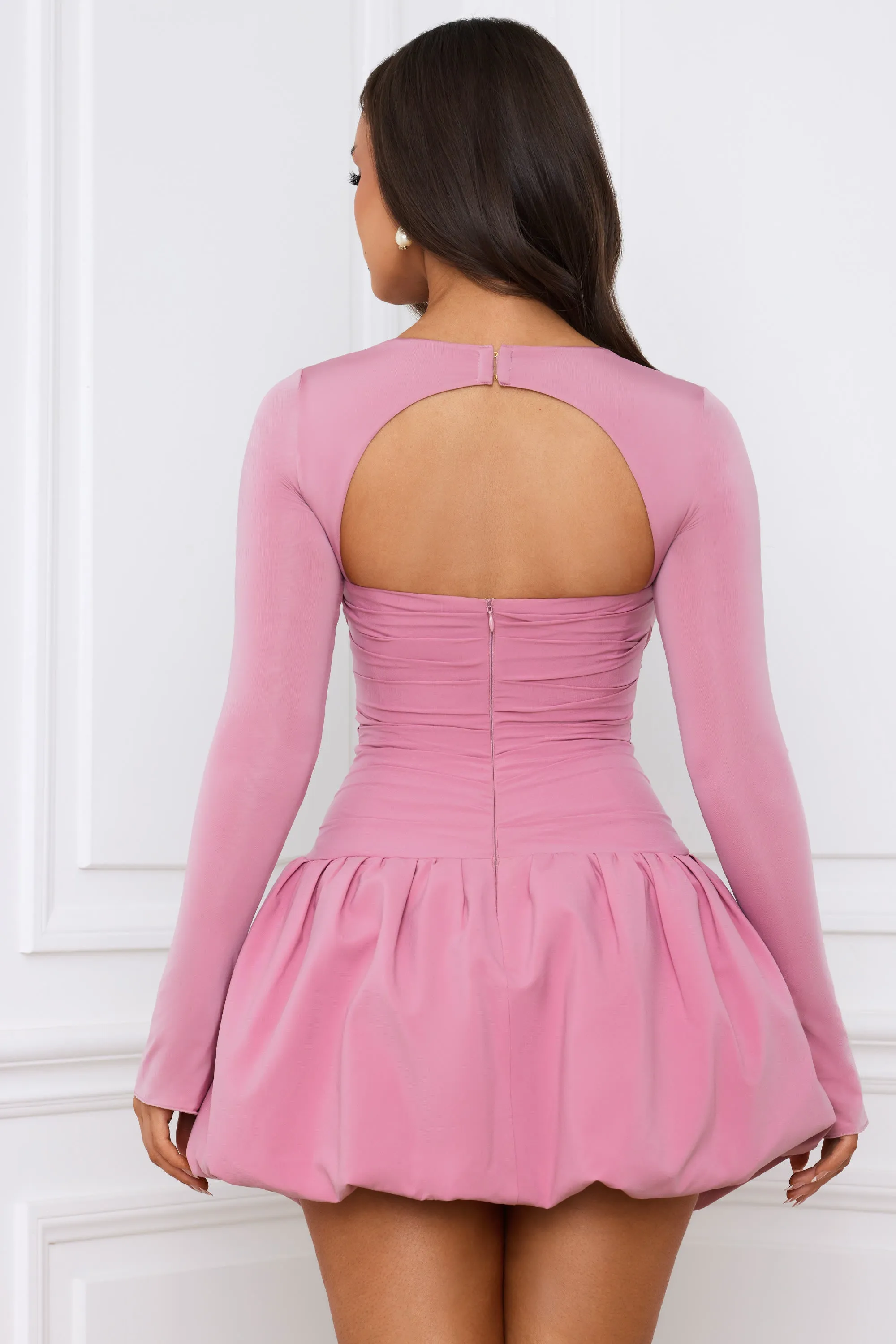 Long-Sleeve Bubble Hem Mini Dress in Mauve Confident Wear Seam Free Edges