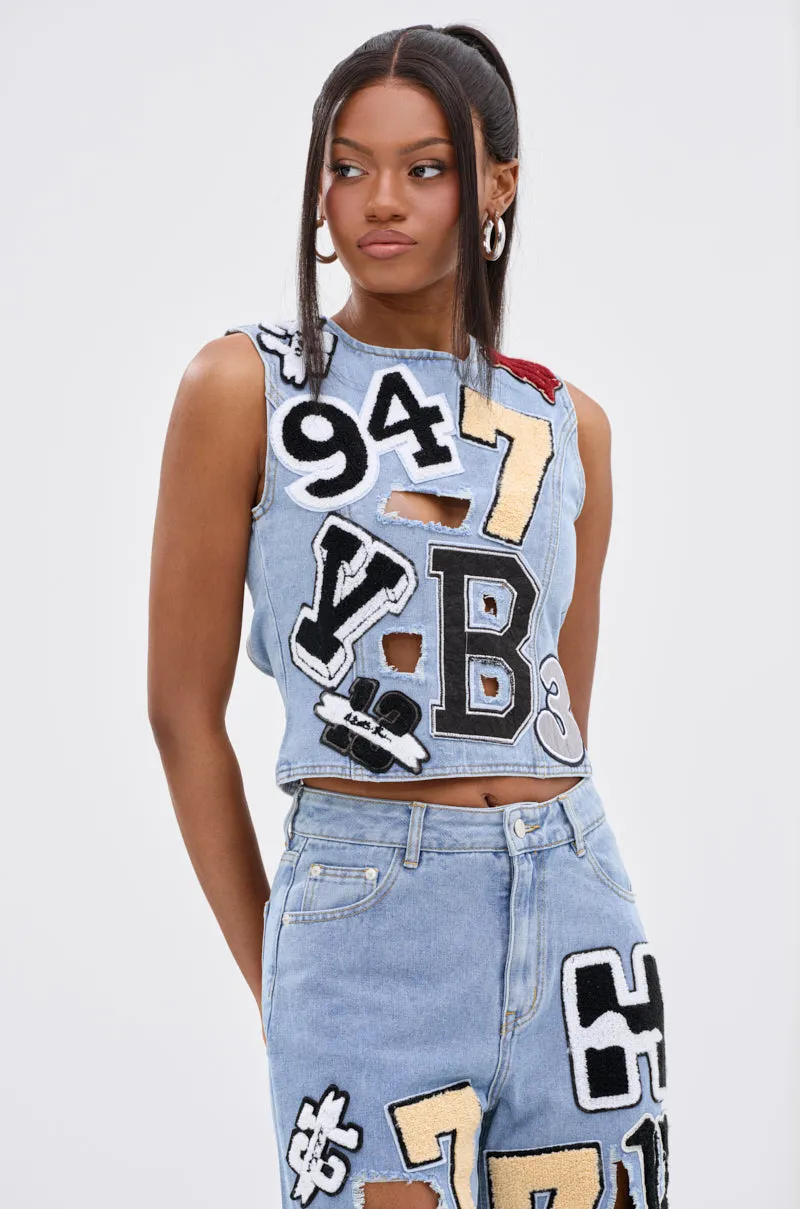 Flexible Binding PATCH DENIM BLOUSE TOP WITH OPEN BACK