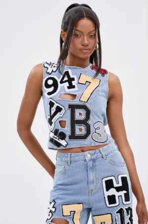 Chic Active AntiPilling Surface PATCH DENIM BLOUSE TOP WITH OPEN BACK