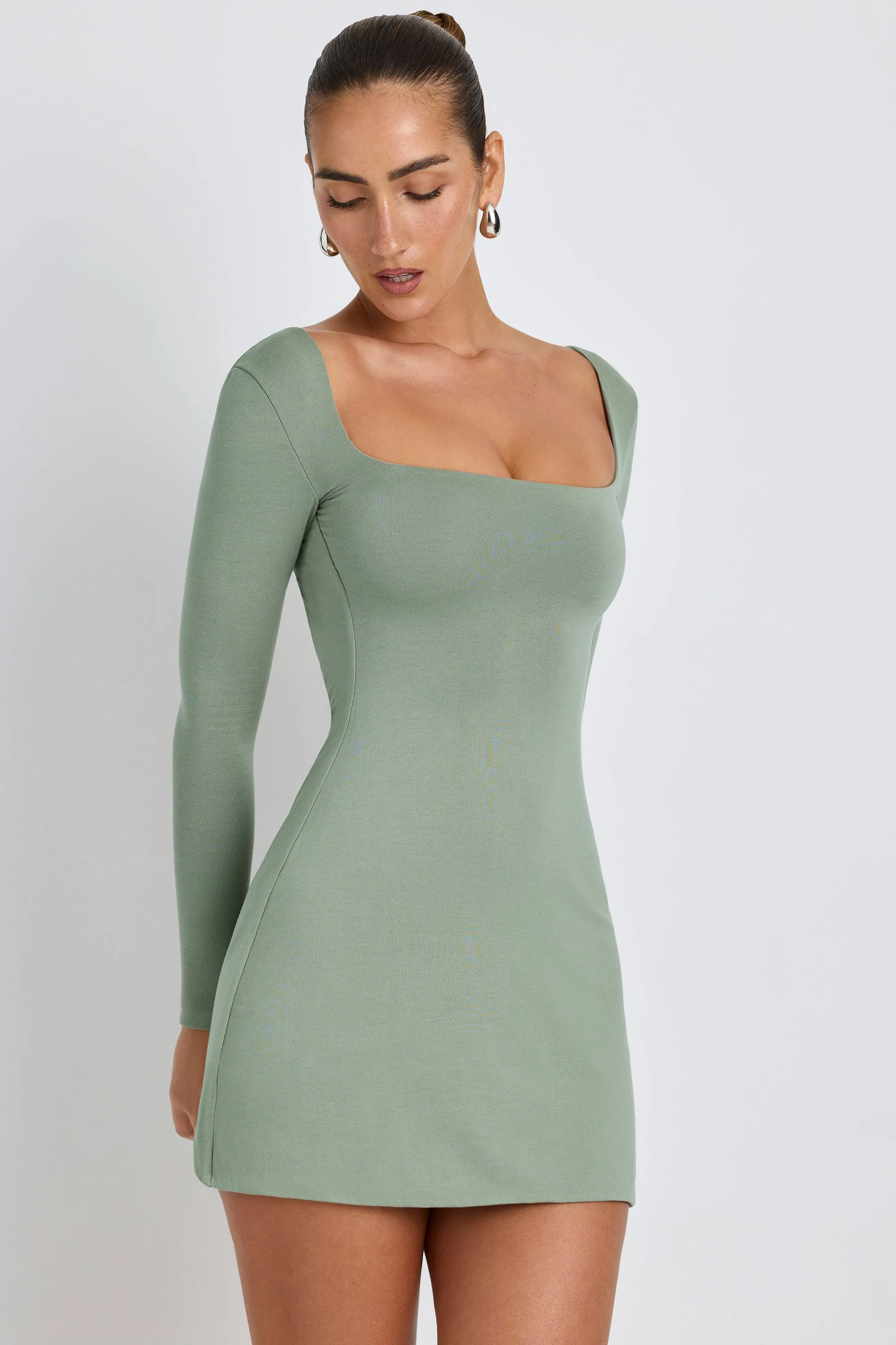 Modal Square Neck Long Sleeve Mini Dress in Sage Green Glow Hot