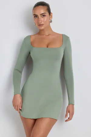 Modal Square Neck Long Sleeve Mini Dress in Sage Green Temperature Regulating Pose Glow