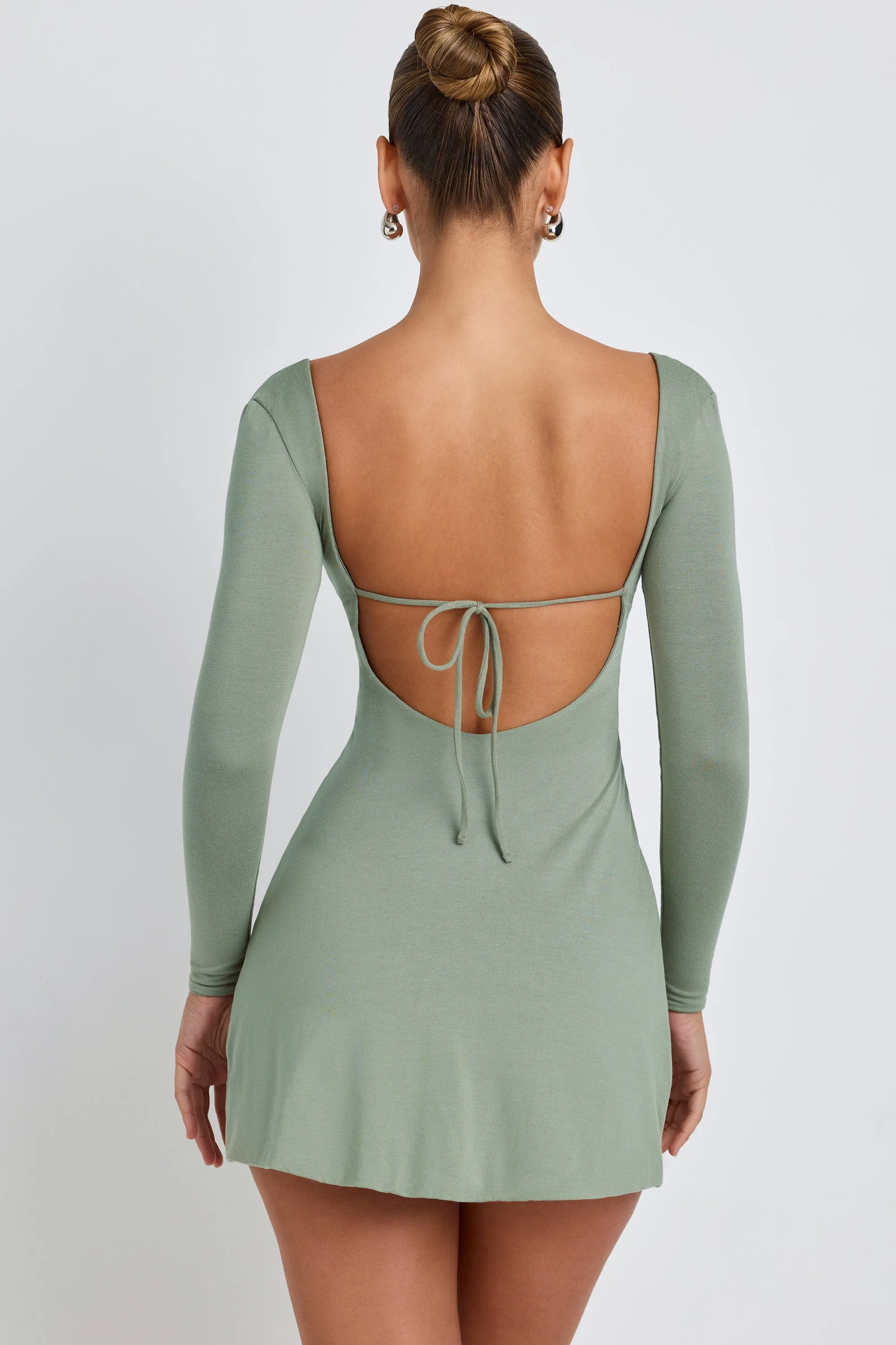 Modal Square Neck Long Sleeve Mini Dress in Sage Green Show Chic Comfortable summer outing dress