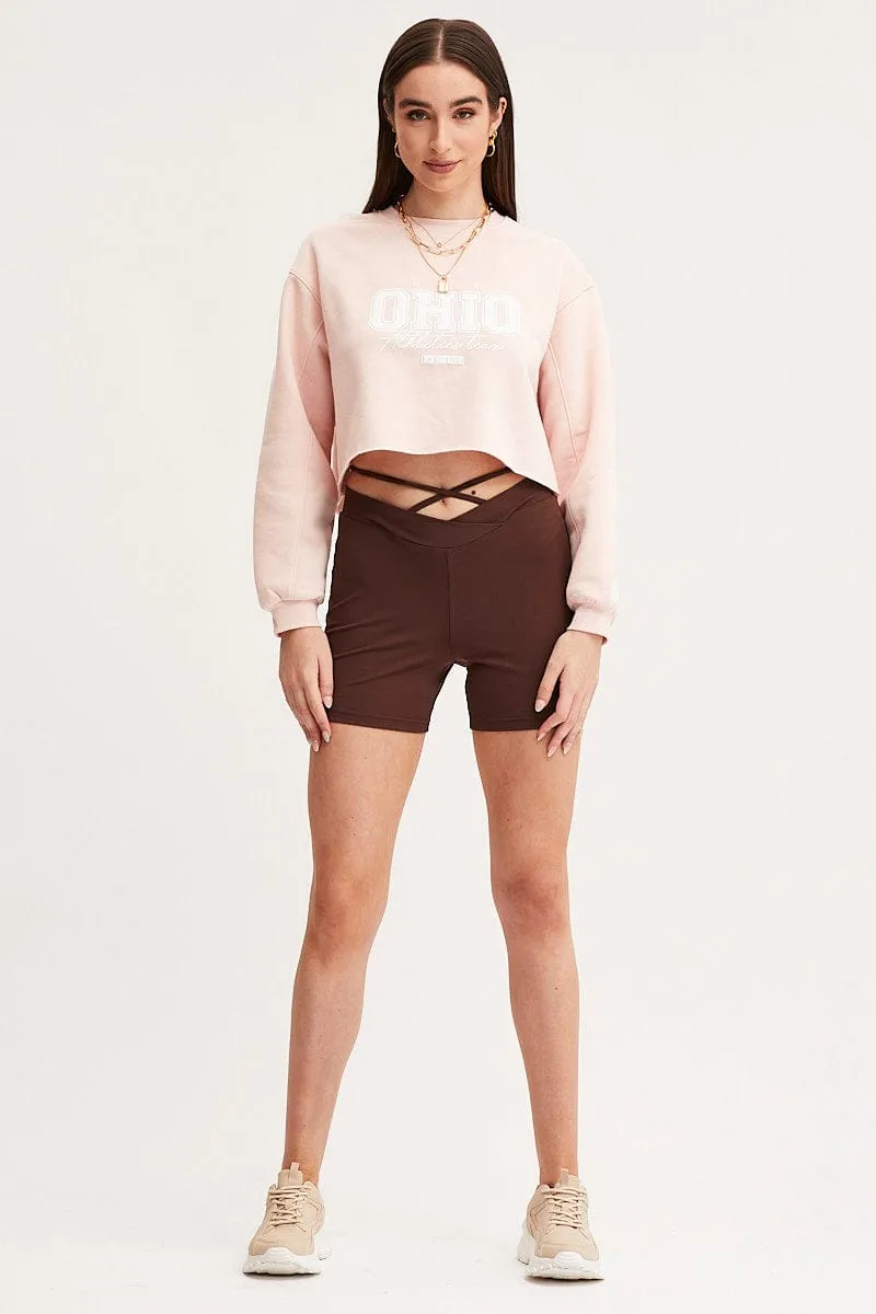 Brown Biker Shorts High Rise Waist Tie Casual Comfort Minimal Look