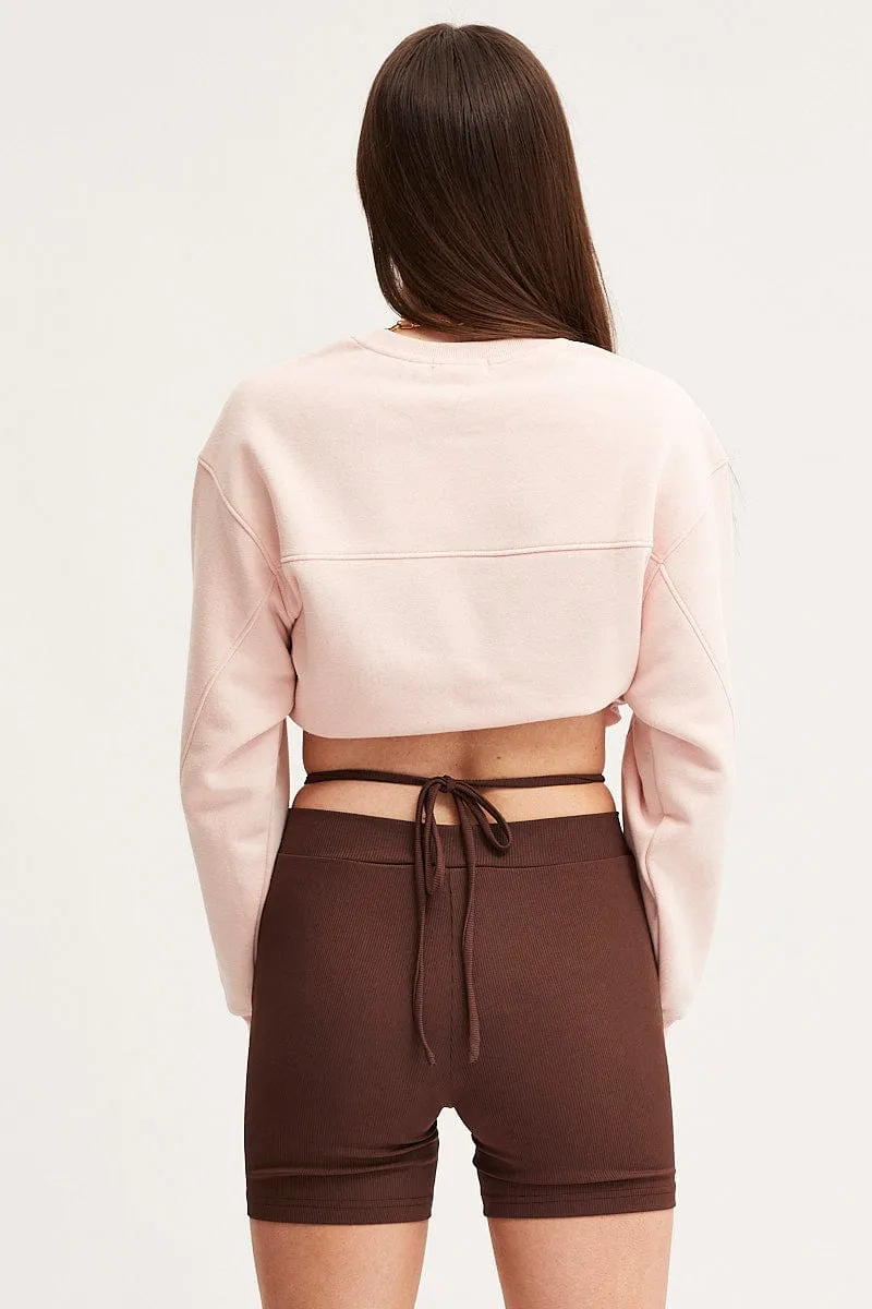 Anti Chafe Lining Brown Biker Shorts High Rise Waist Tie