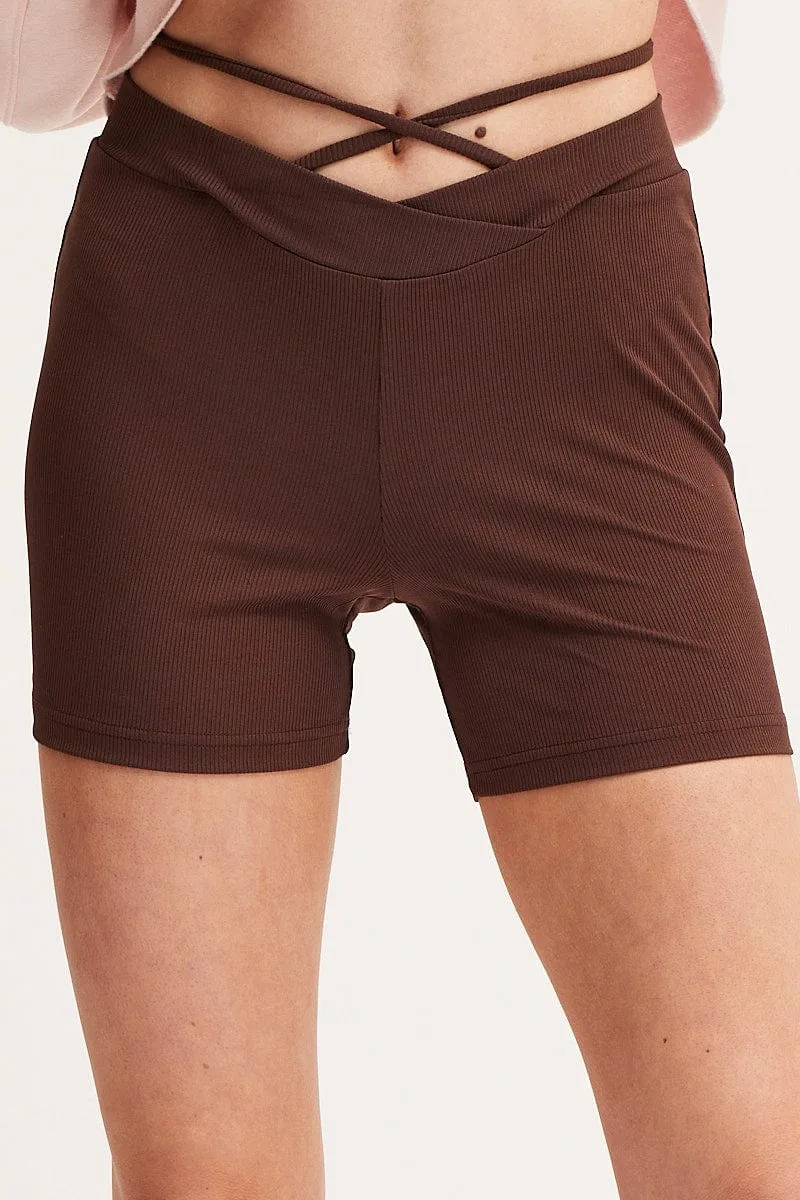Brown Biker Shorts High Rise Waist Tie Chic Appeal