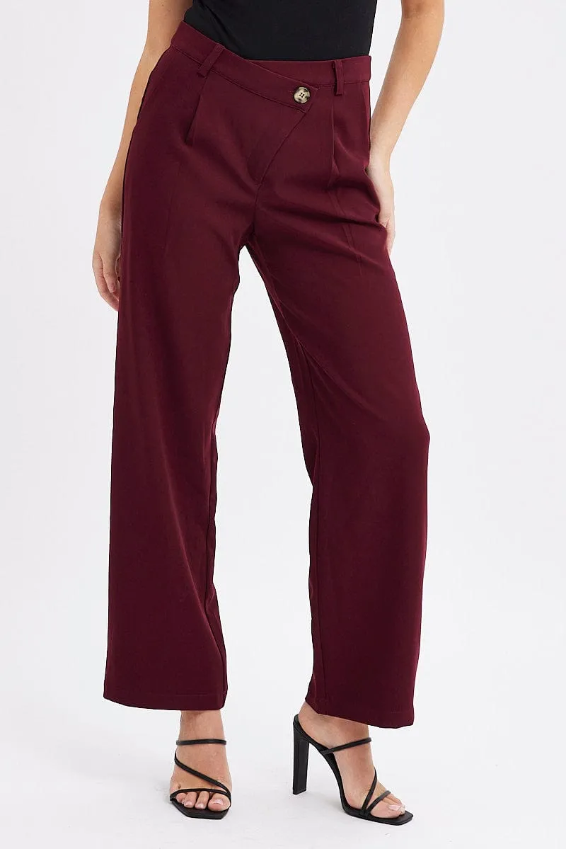 Red Wide Leg Pants Low Rise Cross over Waistband Linen blend