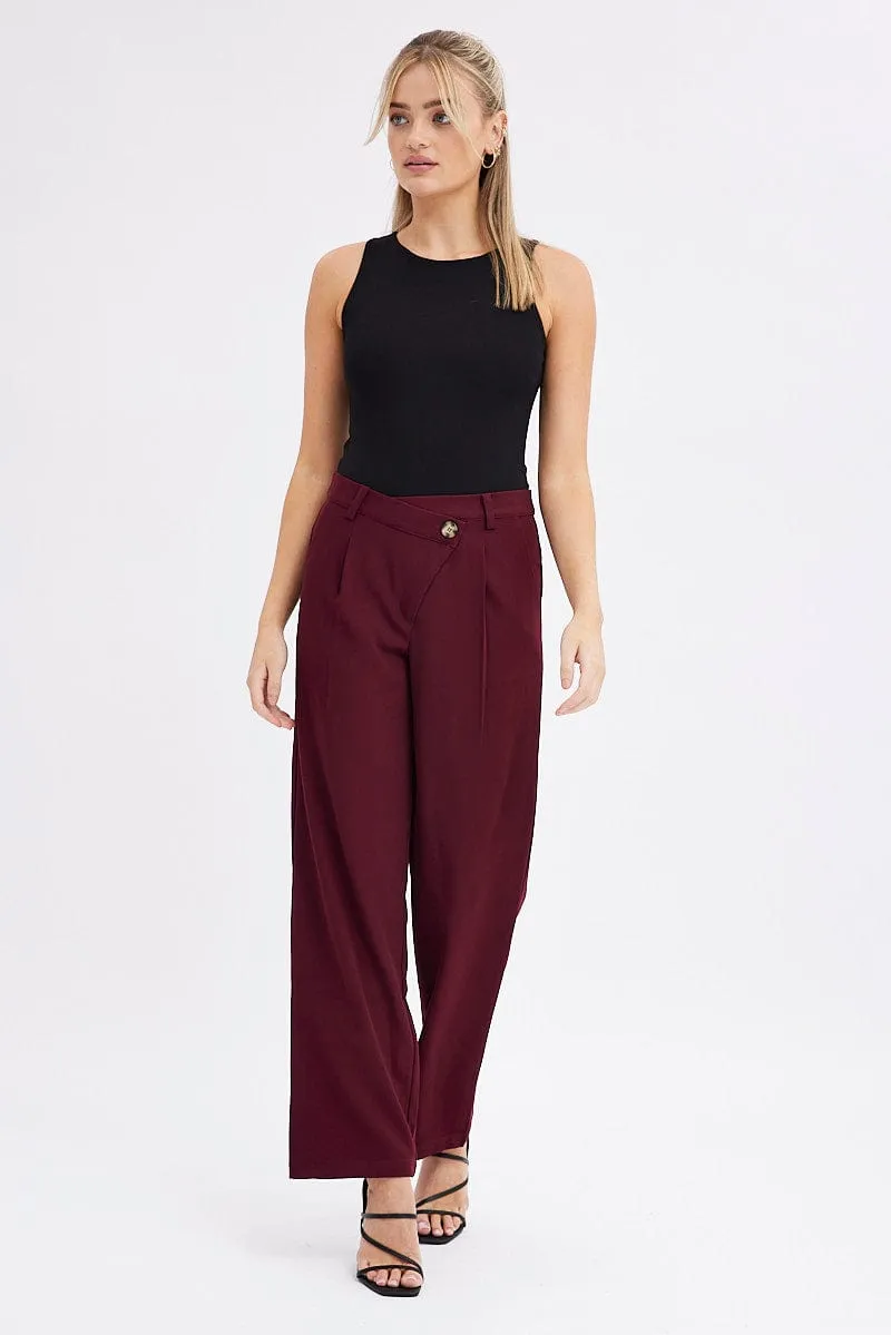 Durable Material Red Wide Leg Pants Low Rise Cross over Waistband