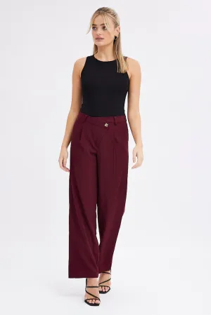 Durable Material Red Wide Leg Pants Low Rise Cross over Waistband