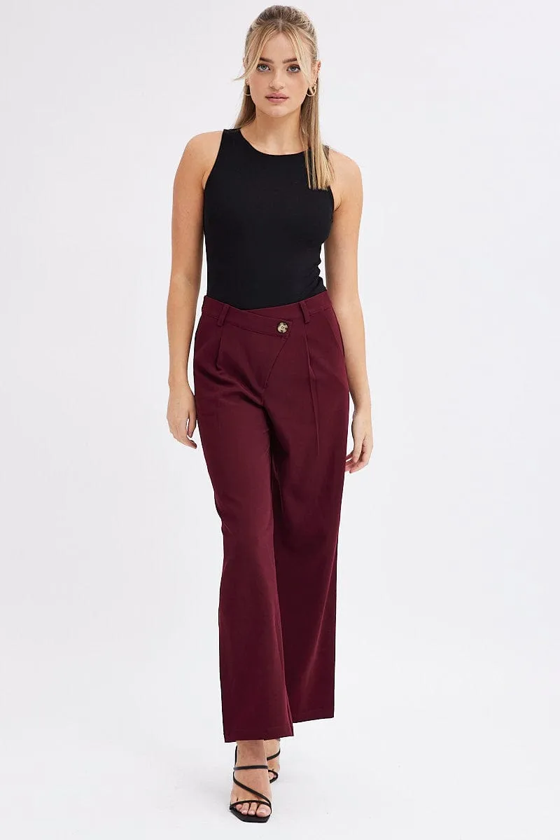 Travel-Ready Red Wide Leg Pants Low Rise Cross over Waistband