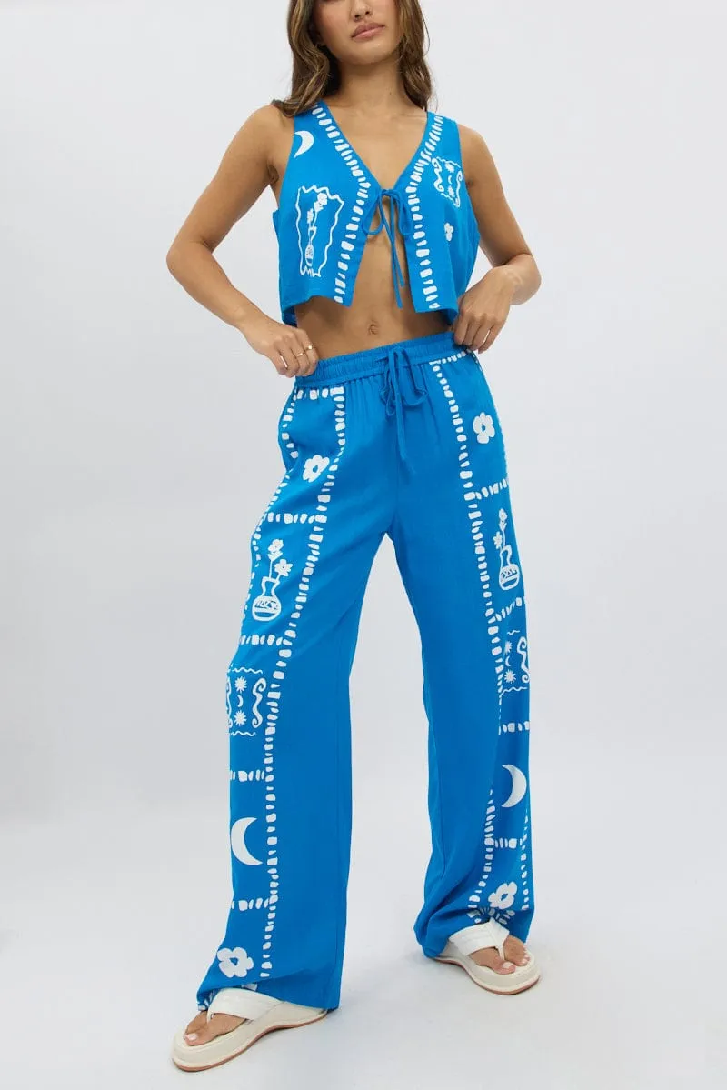 EcoFriendlyMaterial SmoothZipper Blue Wide Leg Pants Elasticated Waist
