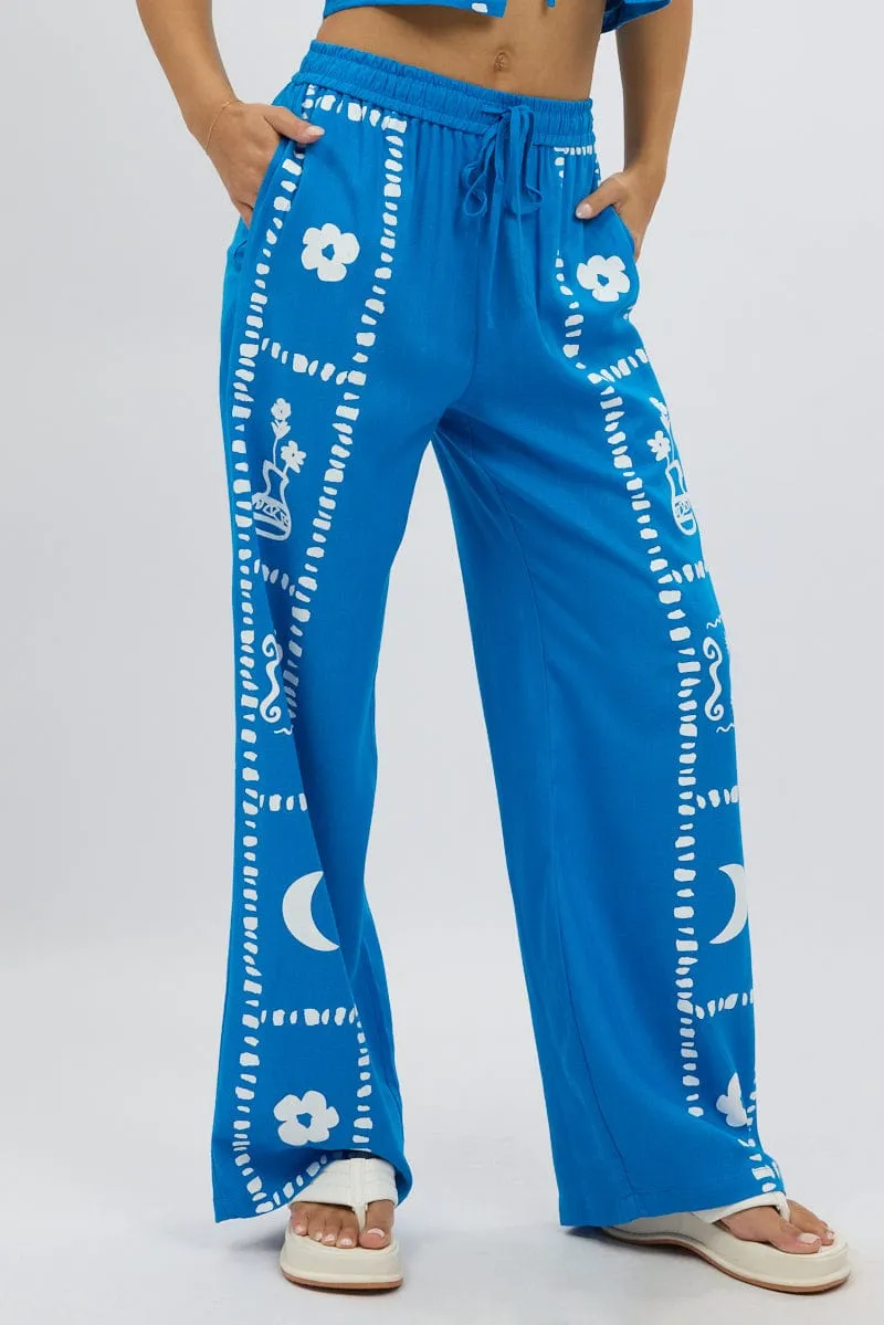 High-waisted fit Blue Wide Leg Pants Elasticated Waist