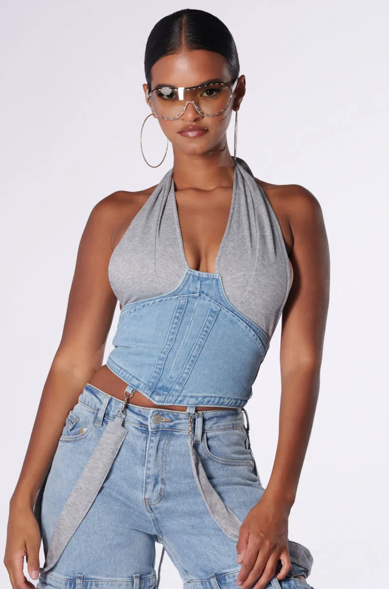Non Restrictive Fit Ventilated Mesh HOLLABACK GIRL HALTER NECK DENIM CORSET
