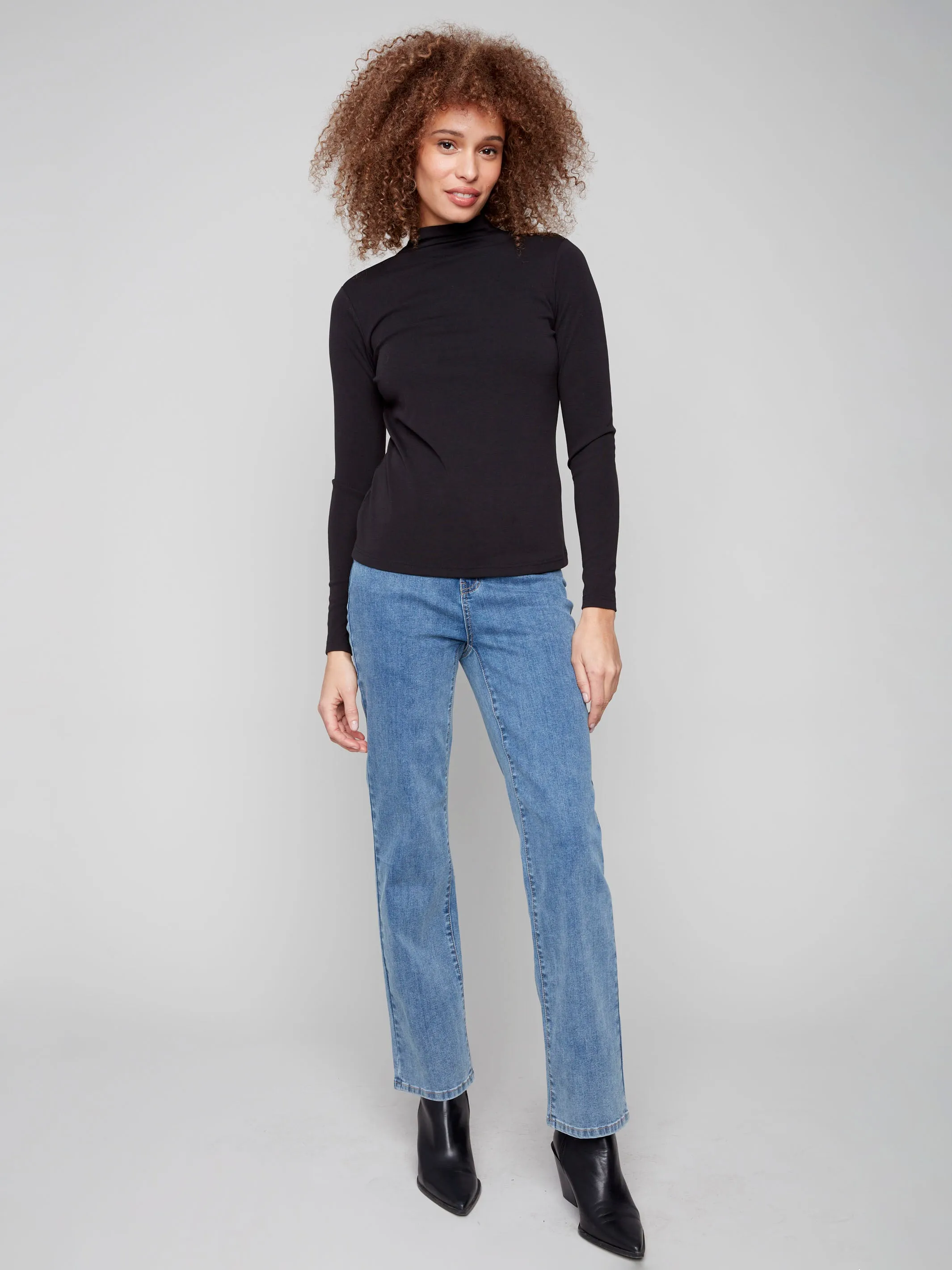 Basic Top Long Sleeve Mock Neck Top - Black