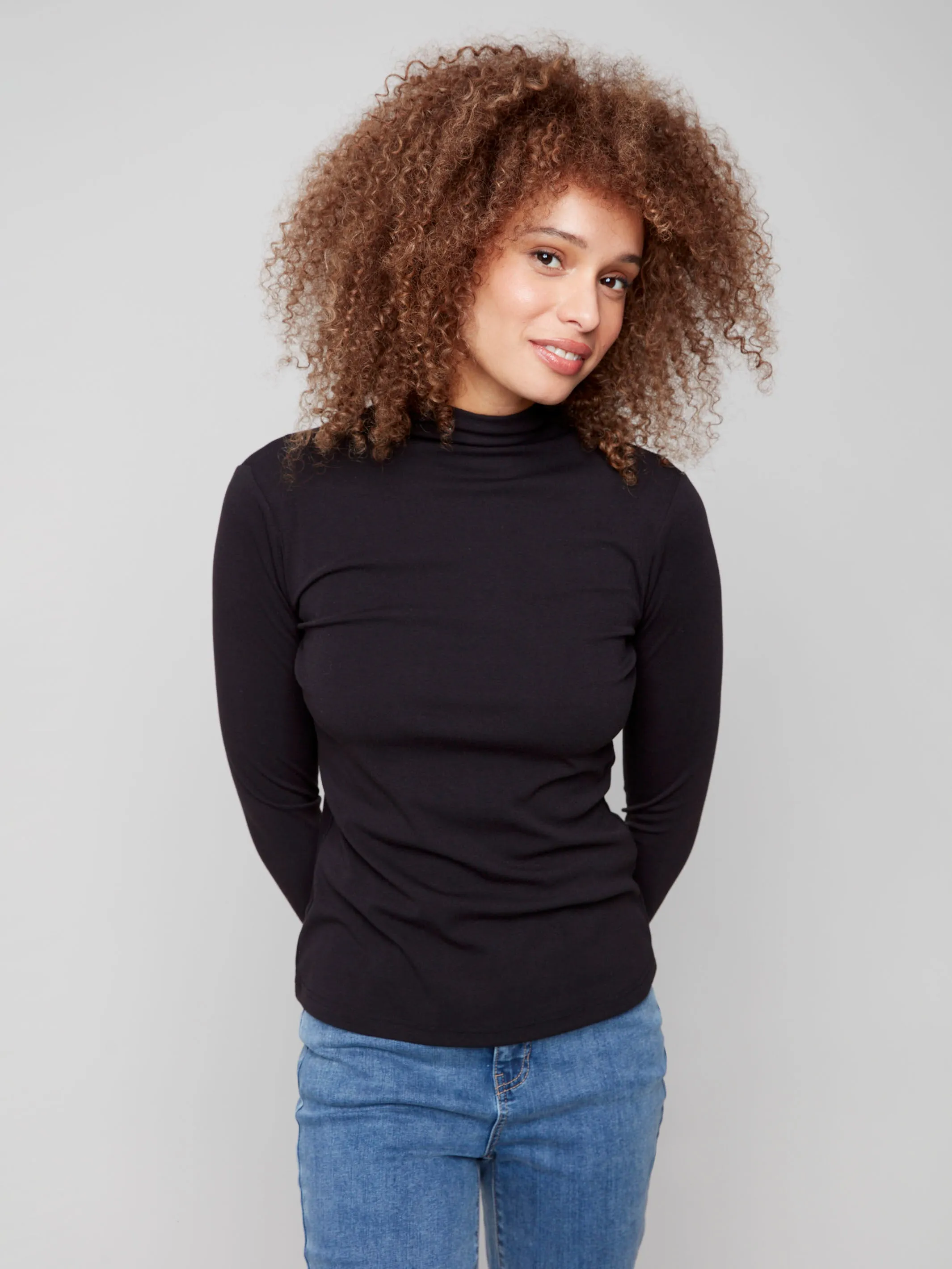Collared formality Skinny Fit Long Sleeve Mock Neck Top - Black