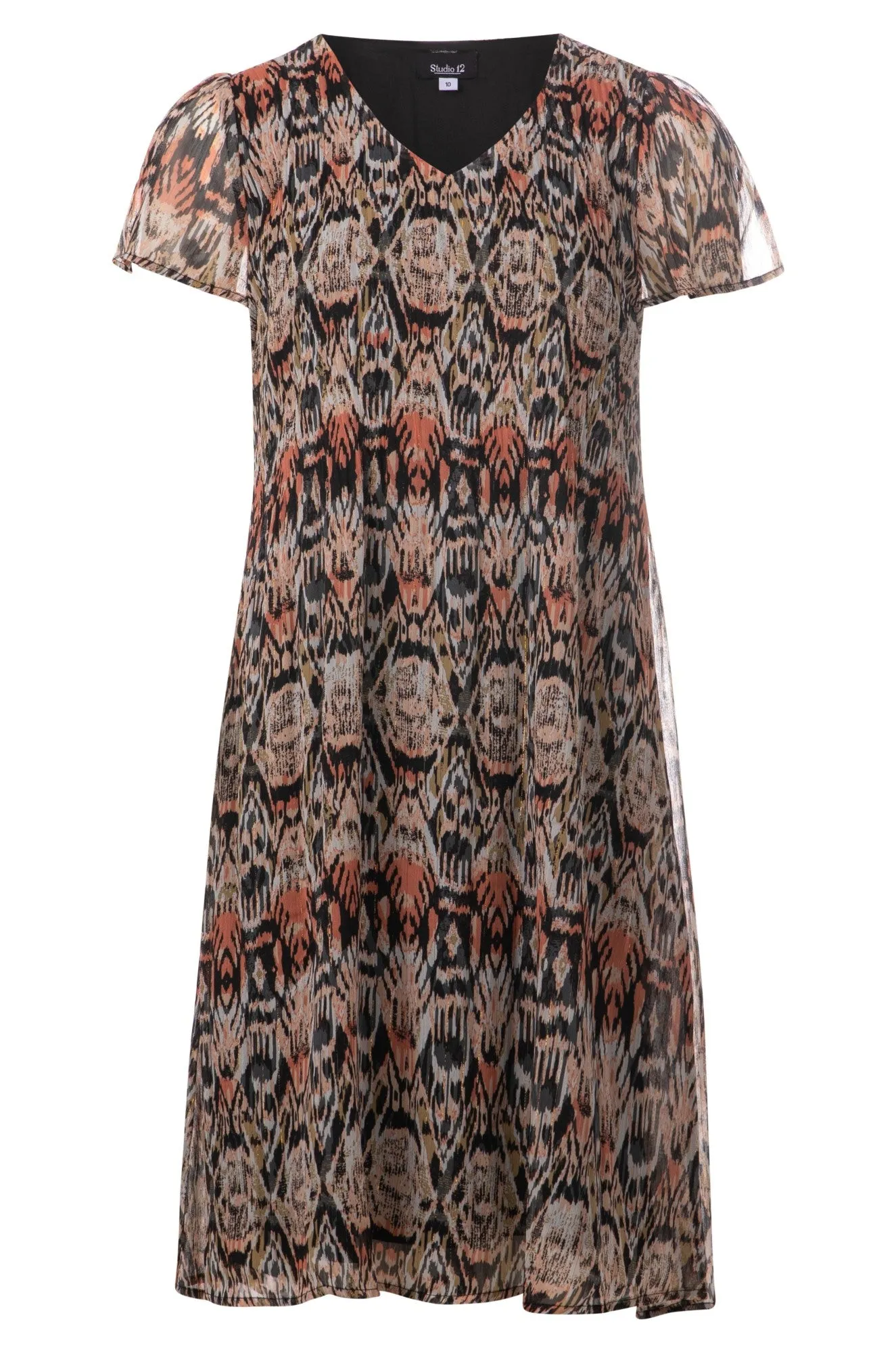 Bold Step Calm Core Mini pleat printed Chiffon Dress | Natural Coral Aztec | 8575A1