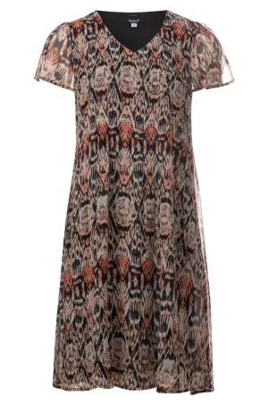HighElasticity Mini pleat printed Chiffon Dress | Natural Coral Aztec | 8575A1