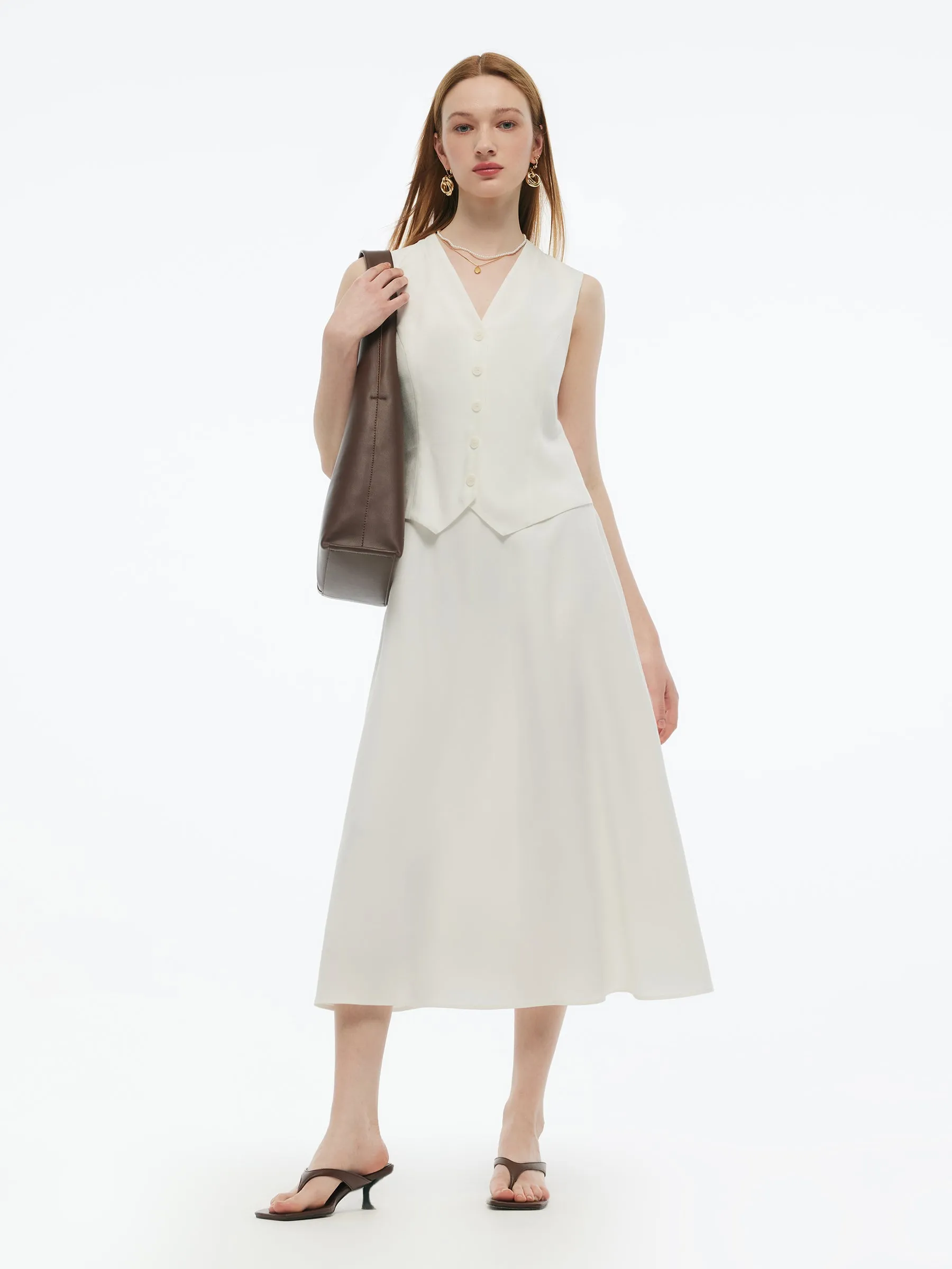 100% Acetate Faux Two-Piece Women Vest Maxi Dress SweatAbsorbingTexture MultiPocket