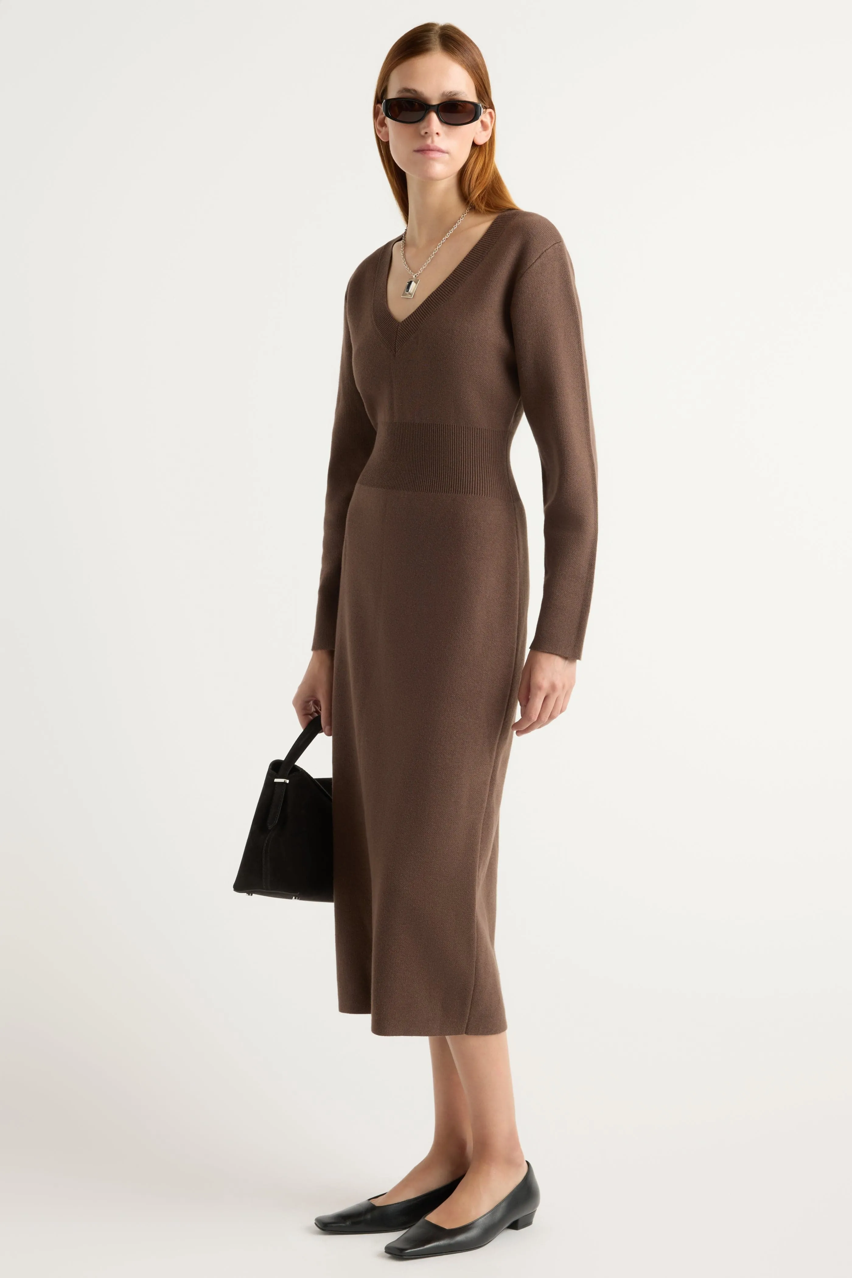 Tech Edge Raw Linen Bora Off-Shoulder V-Neck Sweater Dress