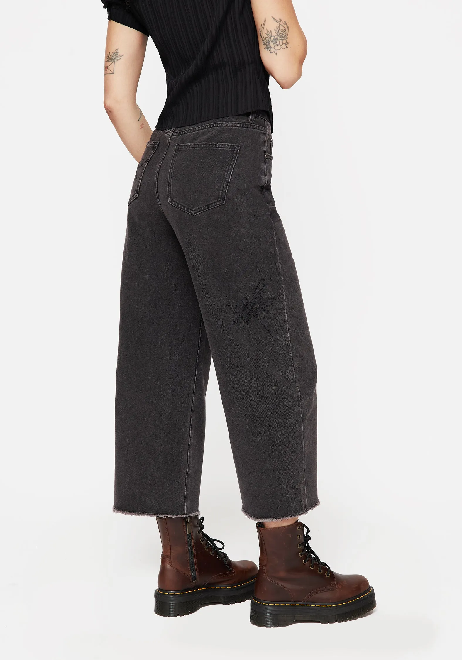 Dragonfly Embroidered Wide Leg Denim Culotte Jeans Comfy Choice Vibrant Fashion Lover