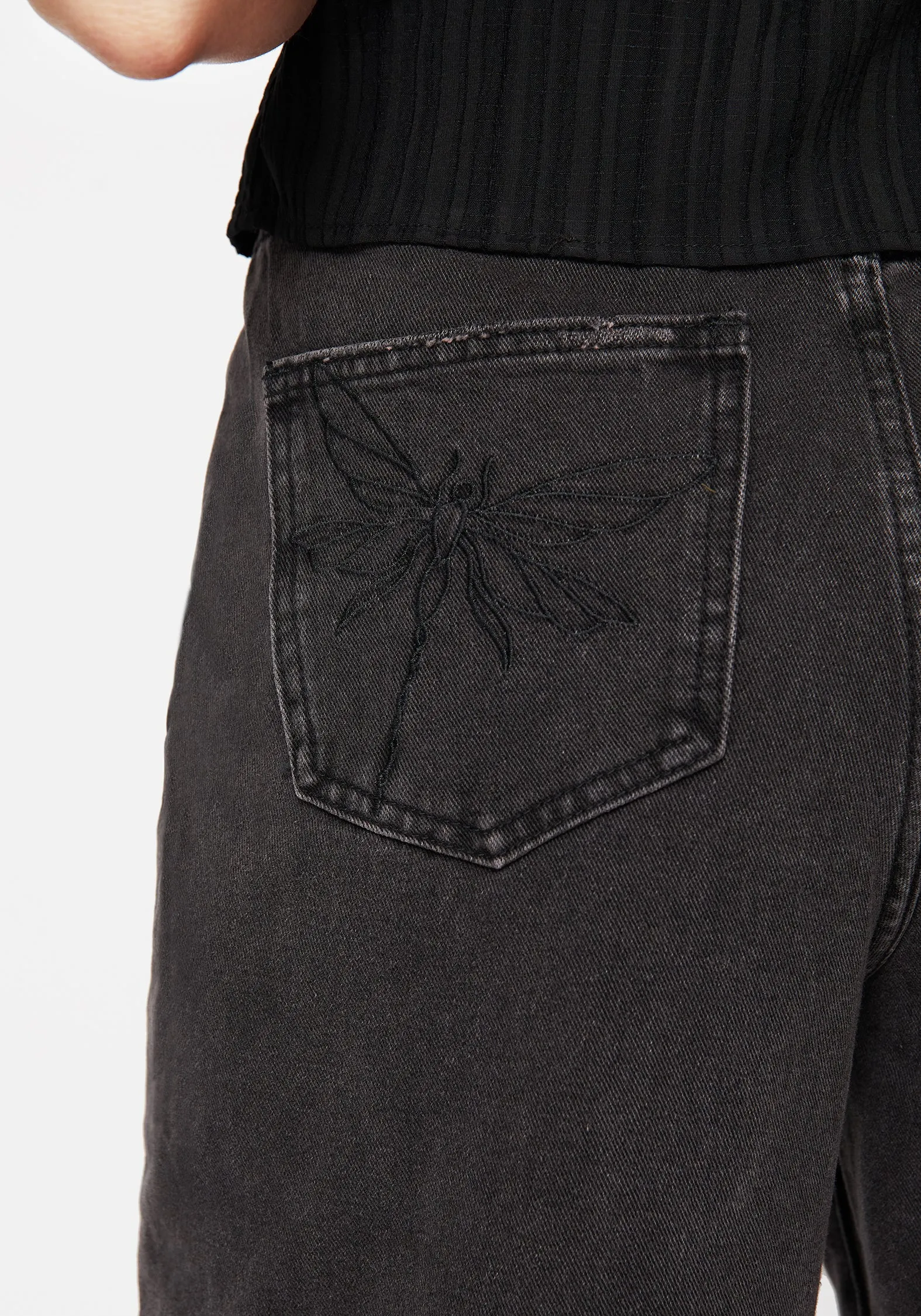 Daily Function Dragonfly Embroidered Wide Leg Denim Culotte Jeans