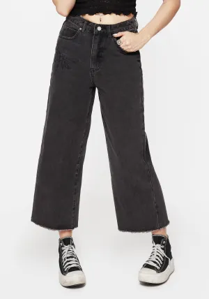 Heavy Duty Zipper Mechanism Dragonfly Embroidered Wide Leg Denim Culotte Jeans