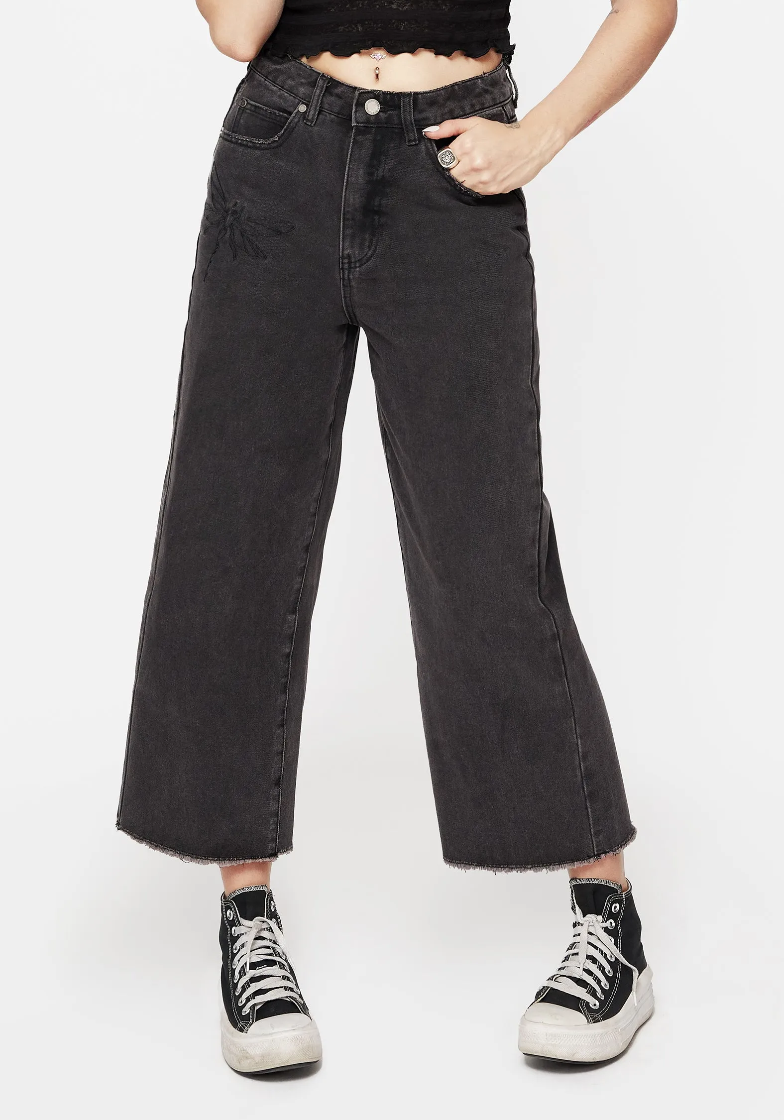 Heavy Duty Zipper Mechanism Dragonfly Embroidered Wide Leg Denim Culotte Jeans